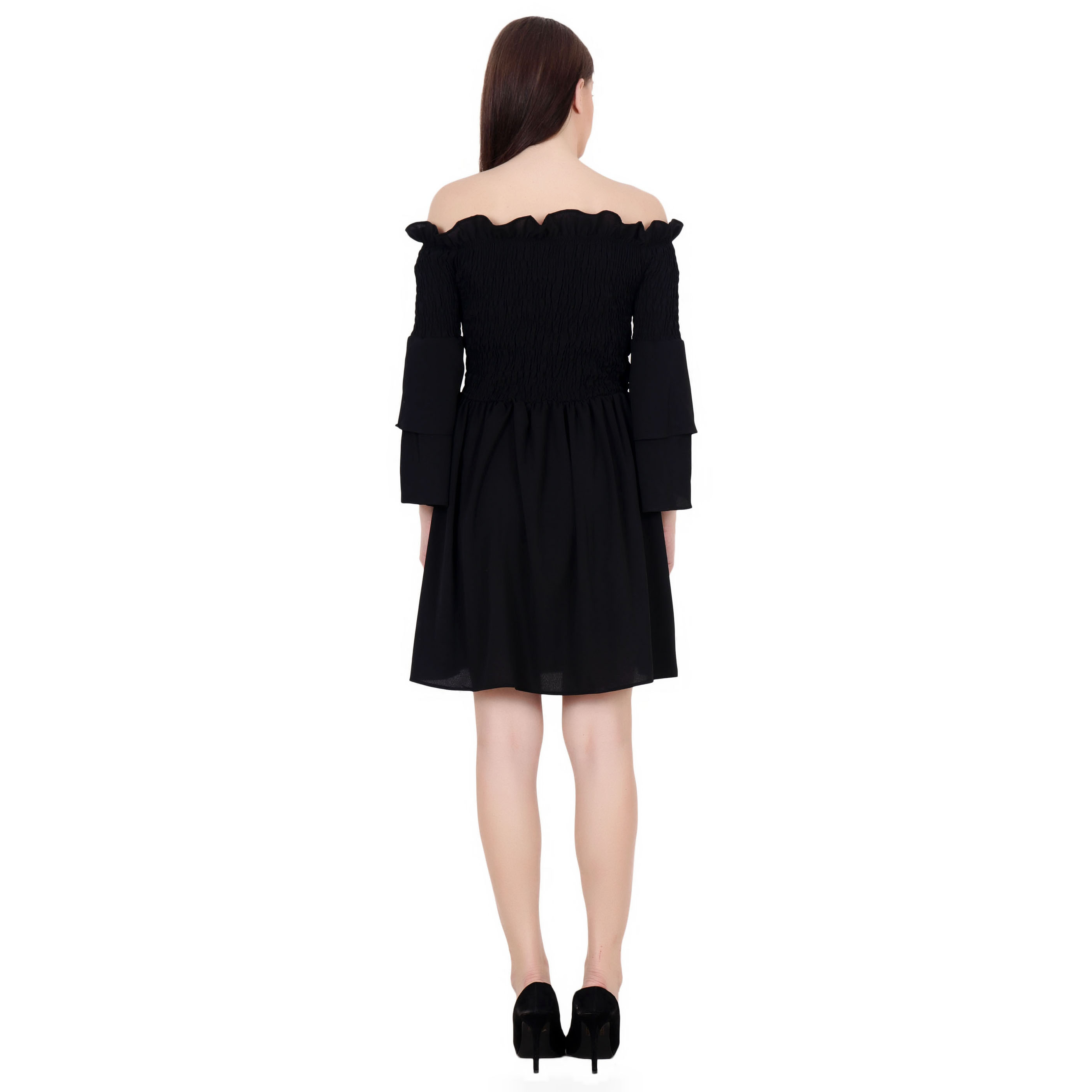BLACK OFF SHOULDER BELL SLEEVE FLARED MIDI